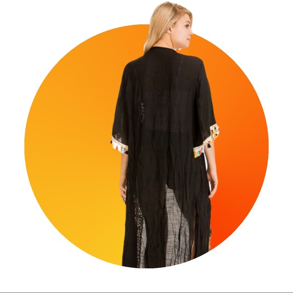 Crochet Floral Black Tie Tassel Embroidered Kimono - Picture 3 of 8